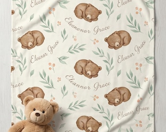 Personalized Woodland Bear Baby Blanket Custom Name Nursery Throw, Watercolor Sleeping Bear Swaddle, Baby Shower Gift, Forest Animal Blanket