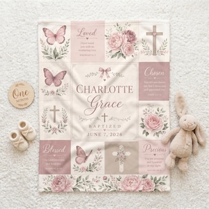 May include: A rectangular baby blanket featuring a grid design with soft pink and cream tones. It displays butterflies, floral bouquets, crosses, and the text Charlotte Grace Baptized June 7, 2026, alongside scripture verses and words like Loved, Chosen, Blessed, and Precious.