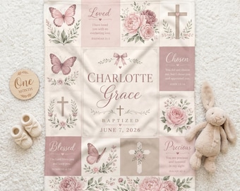 Personalized Baptism Blanket, Custom Name Christening Blanket, Baby Girl Dedication Gift, Floral Christian Keepsake Girl