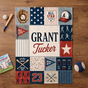 May include: A rectangular fleece blanket featuring a baseball theme with the name Grant Tucker in the center. The design includes illustrations of baseballs, bats, gloves, a cap, stars, a scoreboard, and the text All Star, Home Run, and 23.