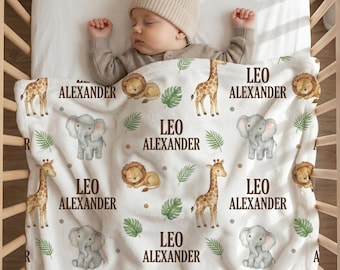 Personalized Safari Baby Blanket, Custom Name Jungle Animal Fleece, Watercolor Elephant Lion Boy Nursery Decor, Newborn Shower Gift