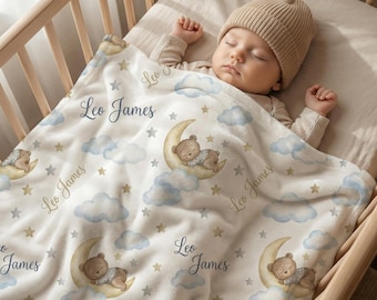 Personalized Baby Blanket, Custom Teddy Bear Fleece Blanket with Name, Moon and Stars Nursery Decor, Newborn Gift, Boy Girl Shower Present