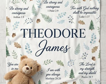 Personalized Woodland Bible Verse Baby Boy Blanket, Custom Christian Nursery Decor, Baptism Gift for Boy, Forest Scripture Prayer Blanket