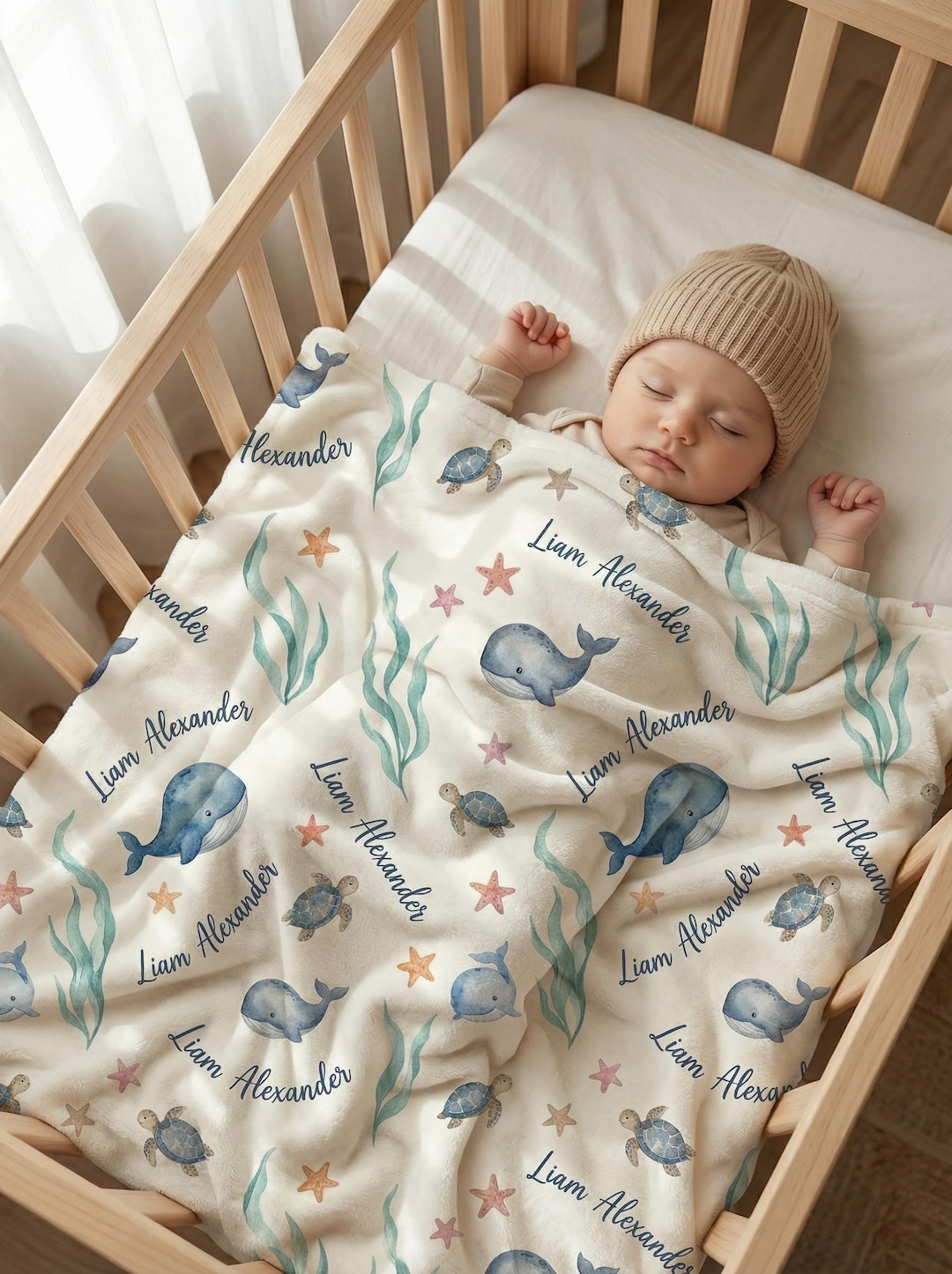 Personalized Baby Blanket With Name, Ocean Sea Animal Watercolor ...