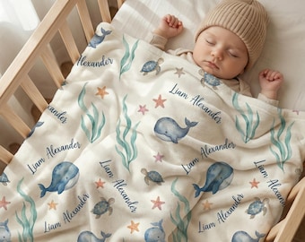 Personalized Baby Blanket with Name, Ocean Sea Animal Watercolor Nursery Decor, Custom Whale Turtle Fleece Blanket, Newborn Baby Shower Gift