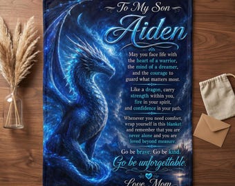 Personalized Son Dragon Blanket, Custom Name Fantasy Gift from Mom Grandmother, Dragon Lover Birthday Graduation Christmas Gift for Son