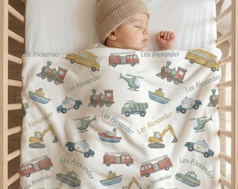 Personalized Vehicle Baby Blanket, Custom Name Truck and Train Blanket for Boys, Transportation Nursery Decor, Newborn Baby Shower Gift
