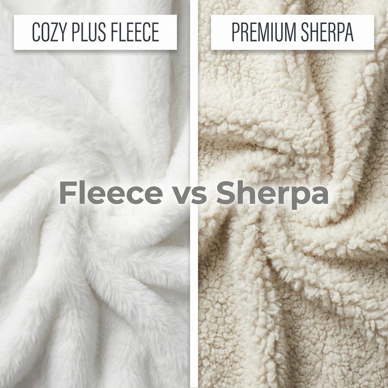 K&ouml;nnte beinhalten: Vergleichsbild von zwei Stoffen: Cozy Plus Fleece und Premium Sherpa. Der Fleece ist ein weiches, wei&szlig;es Material, w&auml;hrend der Sherpa ein strukturiertes, cremefarbenes Gewebe ist. Der Text "Fleece vs Sherpa" befindet sich in der Mitte des Bildes.