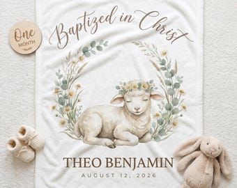 Personalized Baby Blanket, Baptism Blanket with Name, Lamb Baby Blanket, Christening Gift for Boy, Neutral Nursery Blanket, Baby Shower Gift