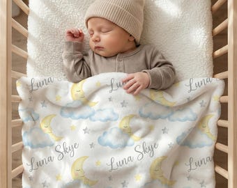 Personalized Moon and Stars Baby Blanket, Custom Name Celestial Fleece, Newborn Boy Girl Shower Gift