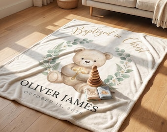 Personalized Baptism Baby Blanket, Custom Name Christening Blanket, Teddy Bear Cross Blanket, Baby Boy Baptism Gift, Christian Nursery Decor