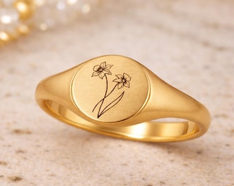 Custom Birth Flower Ring – Gold Plated Silver Signet Ring