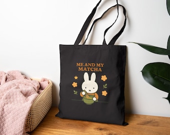 Bunny Mixing Matcha Organic Cotton Tote Bag, Kawaii Reusable Shopping Bag