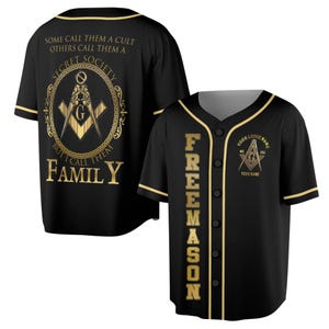Freemason Baseball Jersey Shirt, Black & Gold Button-Up Masonic Square and Compass G, Secret Society Family Back Print, Custom Lodge Name