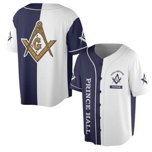 Personalized Prince Hall Masonic Baseball Jersey, Custom Lodge Name & Your Name, Square and Compasses G Back, Navy White Button-Up