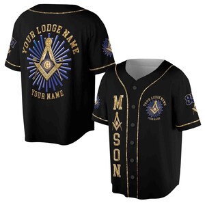 Personalized Freemason Baseball Jersey, Custom Lodge Name & Your Name, Black Gold Button Up MASON Shirt, Square - Compasses Blue Rays