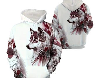 White Wolf Hoodie Boho Feather Art Sweatshirt, Spirit Animal Pullover, Winter Wolf Graphic Hoodie Gift for Women Men Teens and Adults
