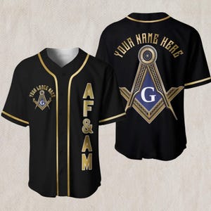 AF&AM Masonic Baseball Jersey – Custom Name - Lodge, Square and Compasses “G” Emblem, Black Gold Button Up, Unisex Fraternal Gift Top