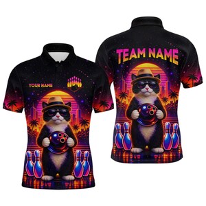 Custom Bowling Team Polo Shirt, Retro Cat Bowling Jersey, Personalized Name and Team Name Shirt, Neon Sunset Bowling Uniform for Leagues