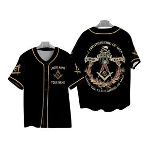 Camiseta de béisbol masónica personalizada, nombre de la logia personalizado y tu nombre, botones negros y dorados, brújula cuadrada masónica, regalo para hombre.