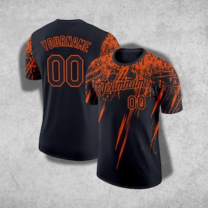 Black Orange Splatter Custom Jersey T-Shirt Personalized Name & Number