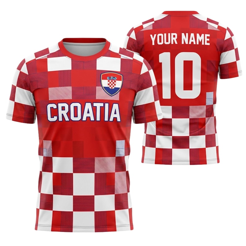 Custom Croatia Inspired Soccer Jersey, Personalized Red White Checkered Football Shirt with Name Number, Fan Gift Unisex Top for Supporters image 1