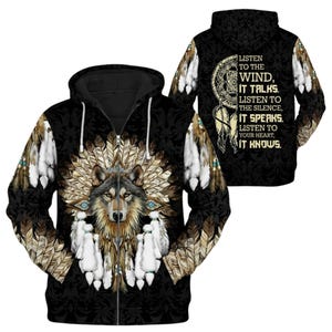 Sweat à capuche zippé attrape-rêves loup avec citation, veste en plumes de style autochtone spirituel, cadeau sweat-shirt animal esprit tribal noir pour homme femme