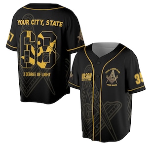 Personalized Masonic Baseball Jersey, Black & Gold Button Up Freemason Shirt, Custom Lodge Name, City State - Number, Gift for Masons
