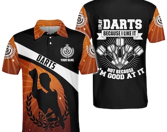 Personalized Darts Polo Shirt, Custom Name Jersey, Funny Quote Back Print, Black Orange Team Uniform for League & Tournament Gift Unisex