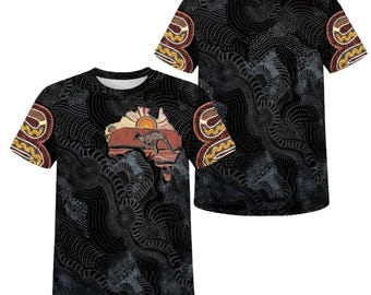 Camiseta con estampado integral de arte aborigen australiano, diseño de mapa de canguro con pintura de puntos indígenas, regalo unisex de orgullo australiano bohemio tribal negro