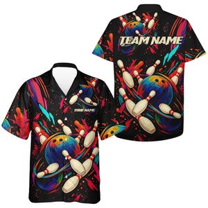 Personalized Bowling Hawaiian Shirt, Neon Splash Bowling Ball & Pins Button Up, Custom Name Front, Team Name Back, League Gift for Men