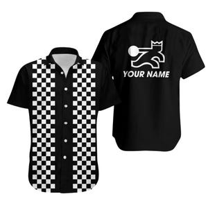 Personlig rutig bowlingskjorta, svartvit racingflagga med knappar, eget namn på ryggen, Chess King-logotyp, retro festkläder för män
