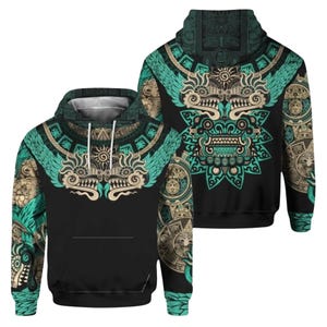 Azteken Drachen Maske Hoodie, Teal Gold Tribal Maya Krieger Gesicht, All Over Print Streetwear Pullover, Unisex Festival Geschenk für Männer Frauen
