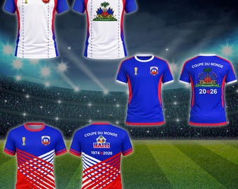 Camiseta de Haití para el Mundial 2026, estampado trasero de la Copa del Mundo, camiseta para aficionados al fútbol con los colores de la bandera haitiana, regalo de fútbol unisex, camiseta de sublimación AOP