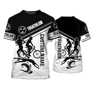 Personalisiertes Triangle Shirt Benutzerdefinierter Name Jersey, Schwimmen Bike Run Athlete Tee, Schwarz Weiß All Over Print Unisex Training Top Geschenk für den Renntag