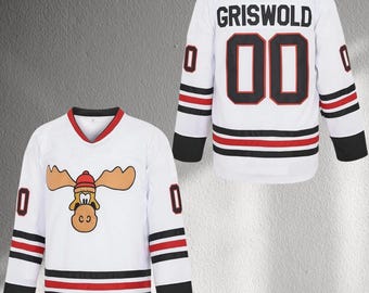 Griswold 00 Moose Hockey Jersey, Funny Christmas Sweater Style Top, Unisex Long Sleeve White Red Black Shirt, Holiday Party Gift Outfit