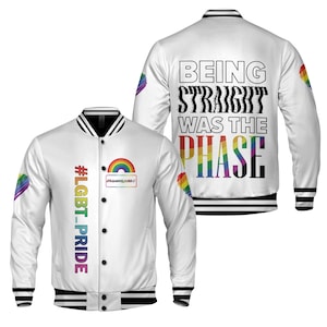 Giacca universitaria LGBTQ Pride, Essere etero era il bomber di fase, Giacca da baseball con grafica arcobaleno, Regalo unisex per l'orgoglio