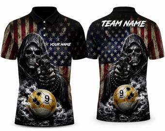 Custom Grim Reaper Pool Polo Shirt, 9 Ball Billiards Team Jersey, USA Flag Gift for Men