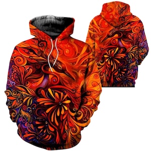Sudadera con capucha de arte abstracto de Fénix ardiente, sudadera con estampado floral naranja y rojo, ropa urbana unisex con gráficos, regalo de festival para hombres y mujeres.