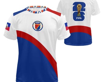 Camiseta de fútbol de Haití, camiseta para aficionados al fútbol de Haití, top deportivo blanco, azul y rojo, camiseta con la bandera de Haití, regalo unisex para aficionados del día del partido 2026