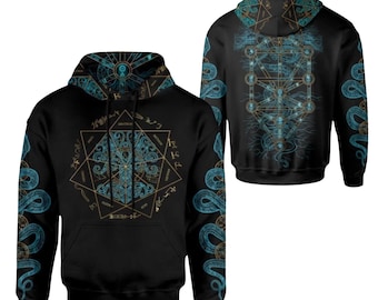 Mystic heilige geometrie hoodie, zwarte wintertaling goud occulte alchemy sigil trui, uniseks streetwear sweater, Witchy cadeau voor mannen vrouwen