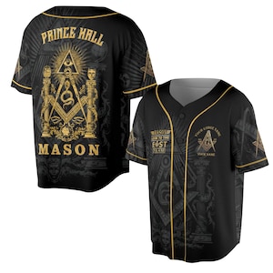 Personalized Prince Hall Mason Baseball Jersey Shirt, Black Gold Masonic Button Up, Custom Lodge Name & Your Name, Freemason Gift Unisex