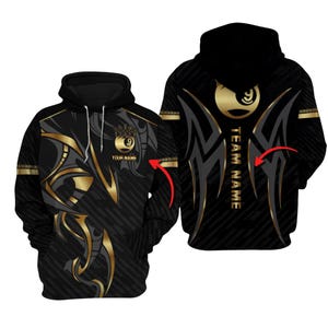 Sudadera personalizada para equipo de billar de 9 bolas, estilo tribal negro y dorado, con nombre y equipo. Sudadera de uniforme de liga, regalo unisex para gamers.