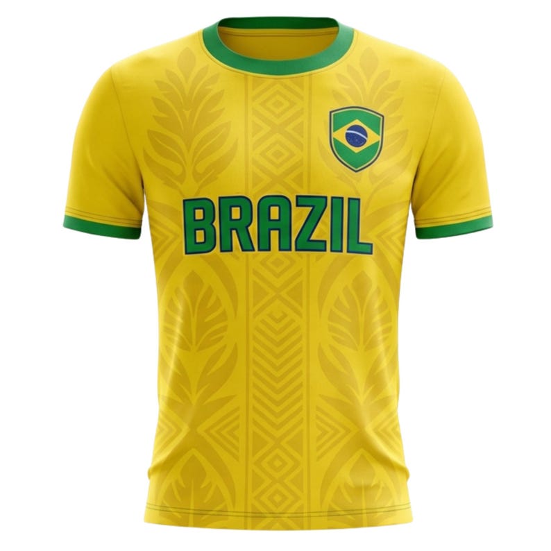 May include: A yellow Brazil soccer jersey with green accents on the collar and sleeves. The word "BRAZIL" is across the chest in green block letters. A shield with the Brazilian flag is on the upper chest.