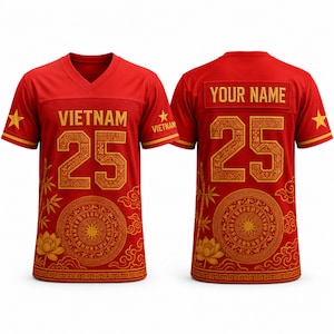 May include: A red V-neck jersey featuring the text VIETNAM and the number 25 in gold. The design includes a gold star on each sleeve, a circular pattern, bamboo stalks, and lotus flowers. The back displays the text YOUR NAME and the number 25.