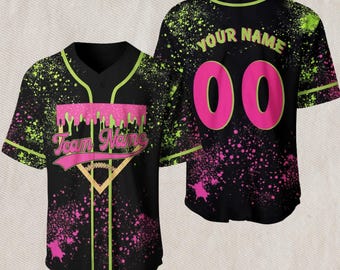 Custom Neon Splatter Baseball Jersey – Dripping Slime Graphic, Team Name on Front, Your Name & Number 00 on Back, Black Button Up Top
