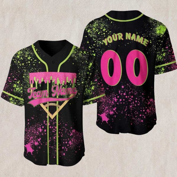 Benutzerdefiniertes Neon Splatter Baseball Jersey - Tropfende Slime-Grafik, Teamname auf der Vorderseite, Ihr Name und Ihre Nummer 00 auf der Rückseite, schwarzes Top mit Knöpfen
