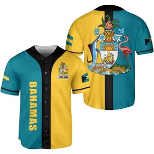 Camiseta de béisbol personalizada de Bahamas, con nombre personalizado, botones, abertura en verde azulado y amarillo, mangas con bandera, escudo de armas en la espalda, regalo unisex.