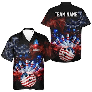 Personalized USA Bowling Shirt, Custom Team Name & Player Name Button Up, Patriotic Flag Bowling Jersey for League Nights - Tournaments