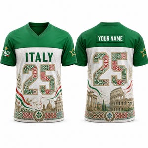 May include: A green and white V-neck jersey featuring the text ITALY and the number 25 on the front, with the text YOUR NAME and the number 25 on the back. The design includes illustrations of the Colosseum, floral patterns, and gold stars.